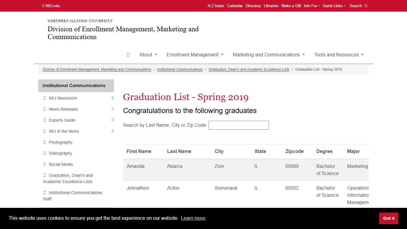 Graduation List - Spring 2019 Enrollment Management, Marketing and Communications Northern Illinois University